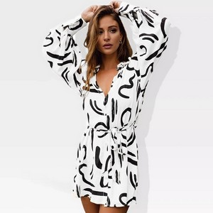 Womens Long Sleeve Dress V Neck Collar Belted Button Down Shirt Dress Designer T Shirt Dresses Beach Cover Ups Robe Dress for Photography - 1 of 4