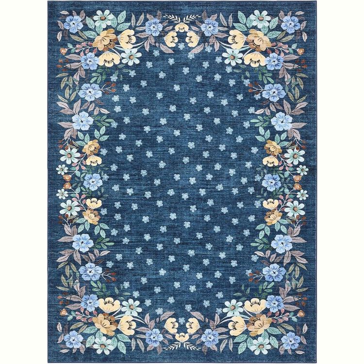 Blue Area Rugs 9x12 Living Room, Washable Floral Rug with Non-Slip ...