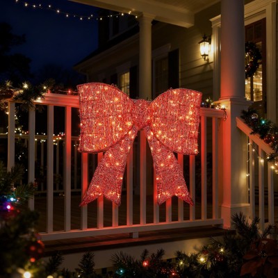 Angel Sar Pre-lit Outdoor Giant Bowknot, 124 Warm White LED Lights, Metal Frame Christmas Decoration for Front Door Gate Wall, Red