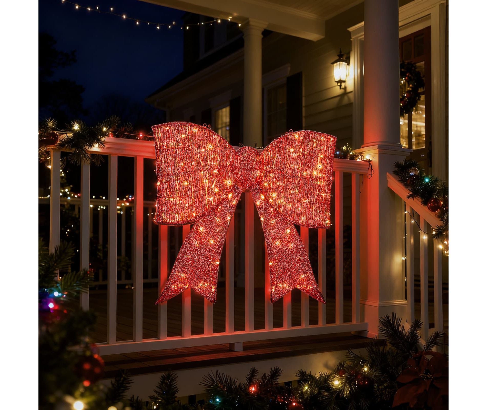 Angel Sar Pre-lit Outdoor Giant Bowknot, 124 Warm White LED Lights, Metal Frame Christmas Decoration for Front Door Gate Wall, Red
