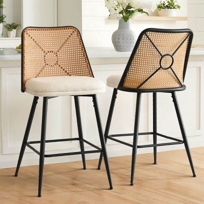 Set of 2 Rattan Back Counter Bar Stools,Double Layer Paded Counter Height Chairs for Dining Room,Island,Home Bar-Tanpinhause