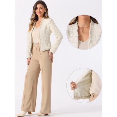 INSPIRE CHIC Women's Plaid Tweed Long Sleeve Open Front Work Office Blazer X-Small Beige — фото 2