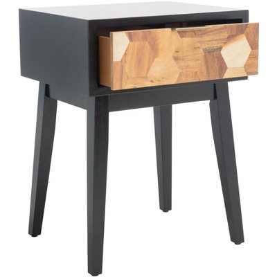 Round Black and Natural Wood Metal Accent Table with Storage