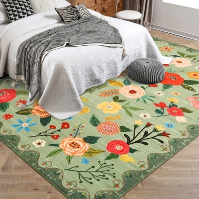 Garvee Machine Washable Floral Area Rug - Large Soft Modern Carpet, Non-Slip Low Pile Floor Mat for Living Room, Bedroom, and Dining Room