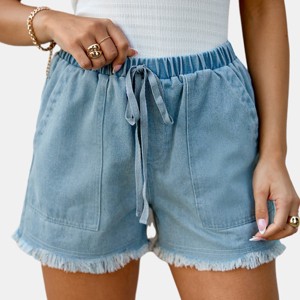 Women's Denim Frayed Drawstring Shorts - Cupshe - 1 of 4