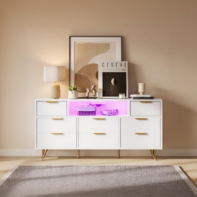 Modern TV Stand, Narrow Dresser with 8 Drawers, Entertainment Center with Charging Outlet & LED Light, Media Console Table for Bedroom Living Room