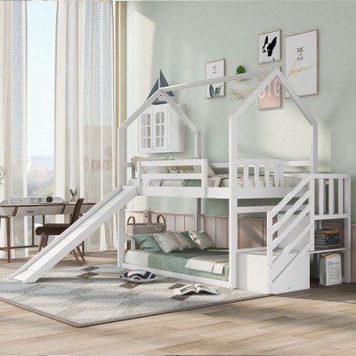 NicBex Twin over Twin Bunk Bed with Guardrail and Convertible Slide,House Loft Bed with Storage Staircase,Noise Reduced Bunk Beds for Bedroom