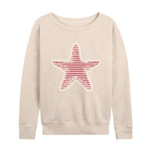 Women's - Instant Message - Nautical Striped Starfish Lightweight French Terry Wide Neck Long Sleeve Shirt - 1 of 4