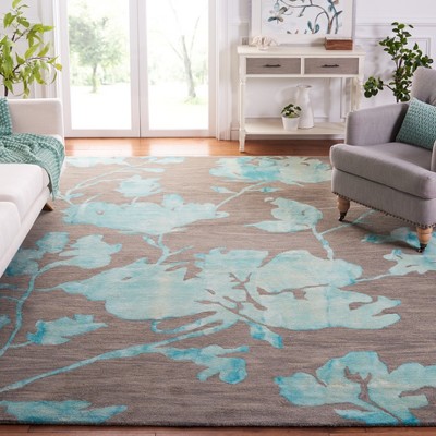 Hand-Tufted Grey Turquoise Floral Wool 5' x 8' Area Rug