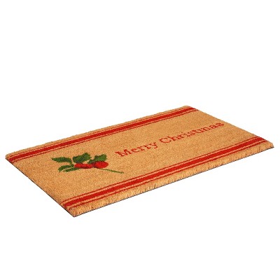 Merry Christmas Holly Berry Coir Doormat with Vinyl Backing