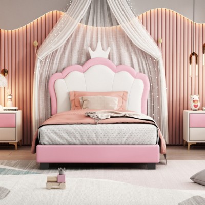 Princess Bed with Crown Headboard PU Upholstered Bed Frame for Girls Bedroom,Modern Cream Style-Maison Boucle