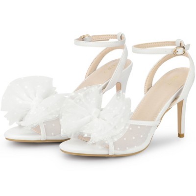 BLISSFUL STEP Women's Mesh Bow Ankle Slingback Strap Heeled Sandals