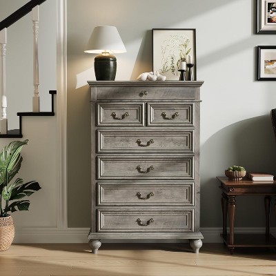 Garvee 50 Inch Farmhouse 7-Drawer Tall Wood Dresser with Jewelry Storage Polished Engineered Wood Anti-Tipping Hardware Rustic Handles Organizer,Grey