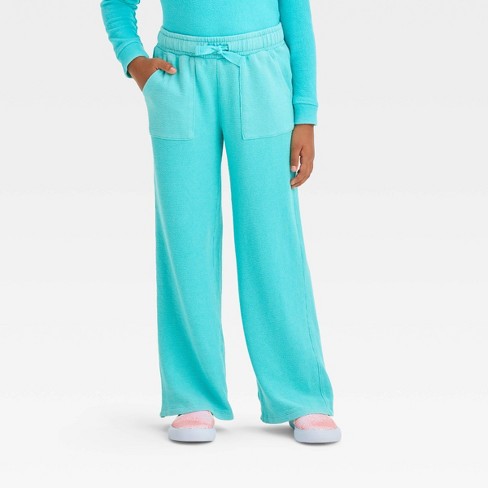 Girls' Wide Leg Pull-on Terry Pants - Cat & Jack™ Turquoise Blue S