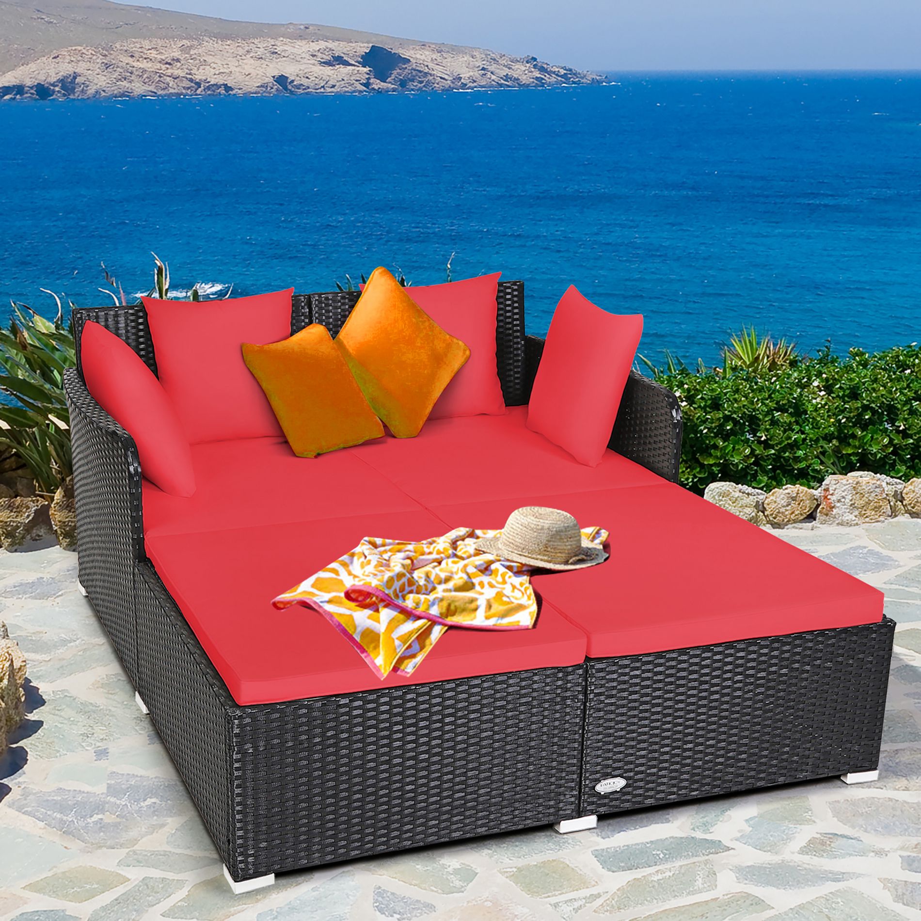 Costway Outdoor Patio Rattan Daybed Pillows Cushioned Sofa Furniture Beige/Turquoise/Red/Black