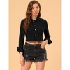 Allegra K Women's Turn Down Frayed Button Down Washed Cropped Denim Jacket - 3 of 4
