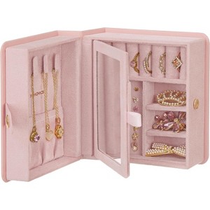 Book-Style Travel Jewelry Box with Mirror, Portable Organizer Case with Pocket and Interlayer, Jelly Pink - 1 of 4