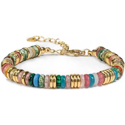 Colorful 18K Gold Plated Bracelets for Women with Beaded Stone Design, Stack Bangle Jewelry Set for Fashion Gifts