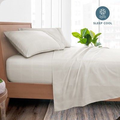 Twin XL Stone and White Plaid Microfiber Sheet Set