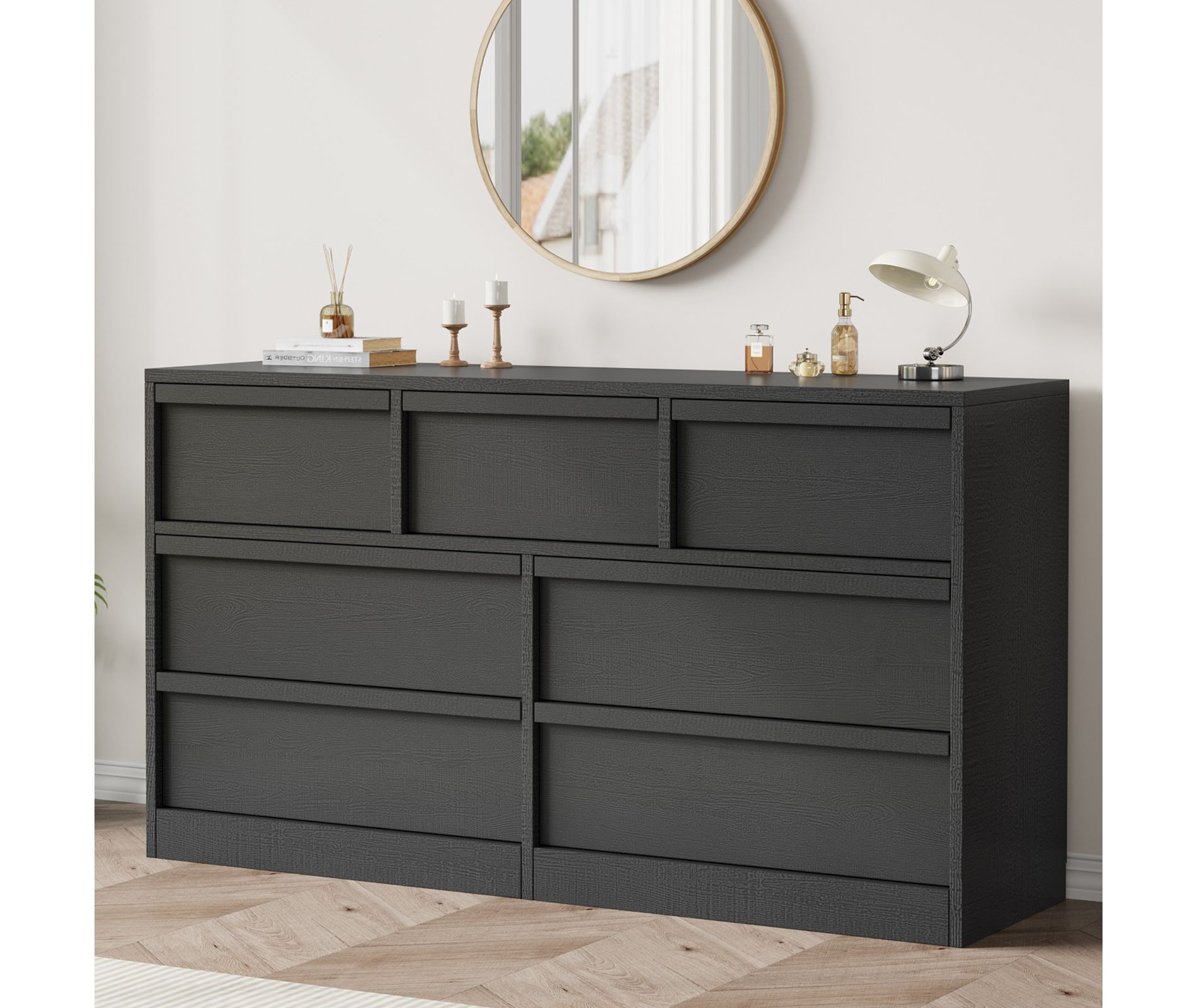 7 Drawer Dresser for Bedroom, Black Dresser Organizer with Concave Handles, Modern 7 Chest of Drawers for Bedroom Living Room Nursery