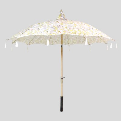 9 Party Floral Pagoda Patio Umbrella White Tassels Light Wood Pole Opalhouse Brickseek