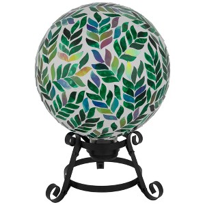 Northlight Mosaic Iridescent Leaves Outdoor Garden Gazing Ball - 10" - White and Green - 1 of 4