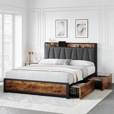 Bed Frame, Storage Headboard with Charging Station, Platform Metal Bed Frame with 4 Storage Drawers, No Box Spring Needed, Noise Free, Brown (Full)