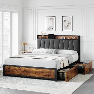 Bed Frame, Storage Headboard with Charging Station, Platform Metal Bed Frame with 4 Storage Drawers, No Box Spring Needed, Noise Free, Brown (Full) - 1 of 4