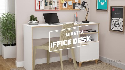 Minetta White Mid-Century Wood Office Desk with Filing Cabinet