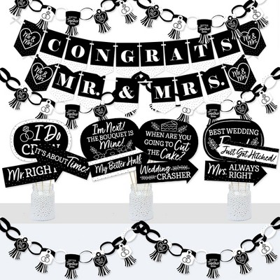 Big Dot of Happiness Mr. and Mrs. - Banner and Photo Booth Decorations - Black and White Wedding or Bridal Shower Supplies Kit - Doterrific Bundle