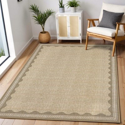 Scalloped Washable Rug w/ Non-Slip Back - Modern Low-Pile Carpet for Living Room, Bedroom
