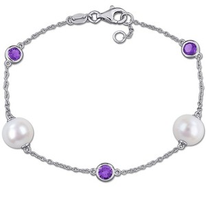 EVERLY JEWELRY | Sterling Silver 3/4 CT TGW Amethyst And 8.5 - 9 MM White Freshwater Cultured Pearl Bracelet With Chain, 7 inc+ 0.5 inc - 1 of 4