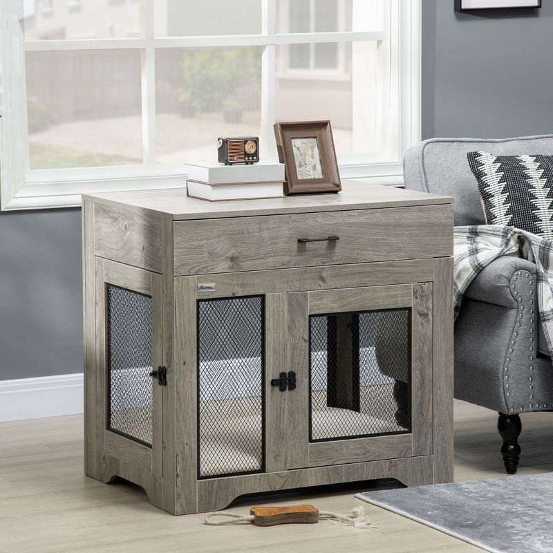 PawHut Dog Crate Furniture with Soft Water-Resistant Cushion, Dog Crate End Table with Drawer, Puppy Crate for Small Dogs Indoor with 2 Doors, 3 of 9