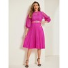 INSPIRE CHIC Women's Floral Lace Panel 3/4 Sleeves Belted A-Line Pleated Dresses - 3 of 4