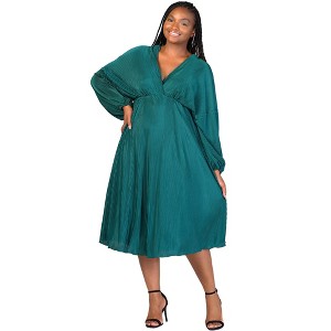 24seven Comfort Apparel Plus Size Shimmer Pleated V Neck Empire Waist Bishop Sleeve Midi Dress - 1 of 3