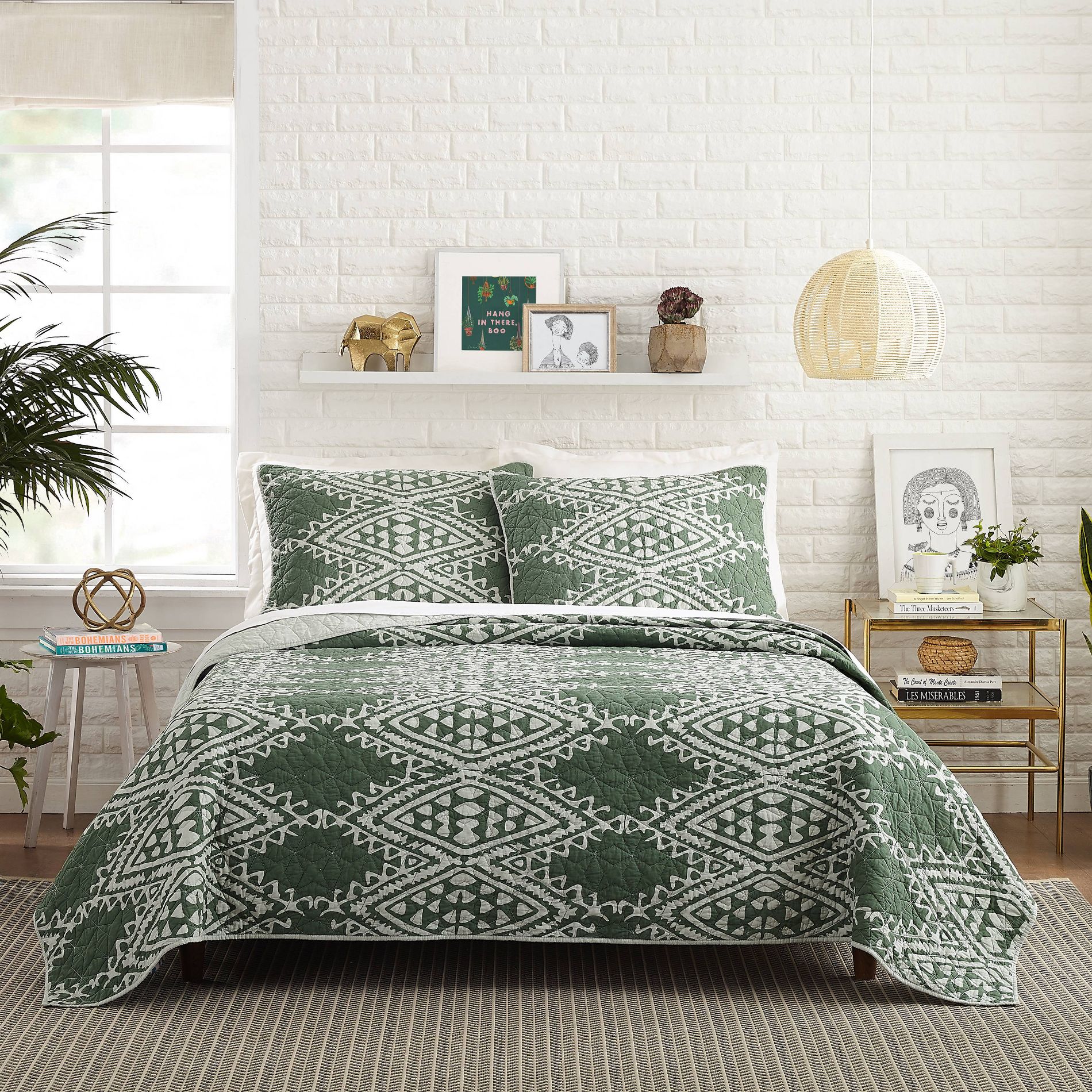 Jungalow Full/Queen 3pc Aisha Quilt Set Green: Cotton Reversible Bedding, Geometric Design