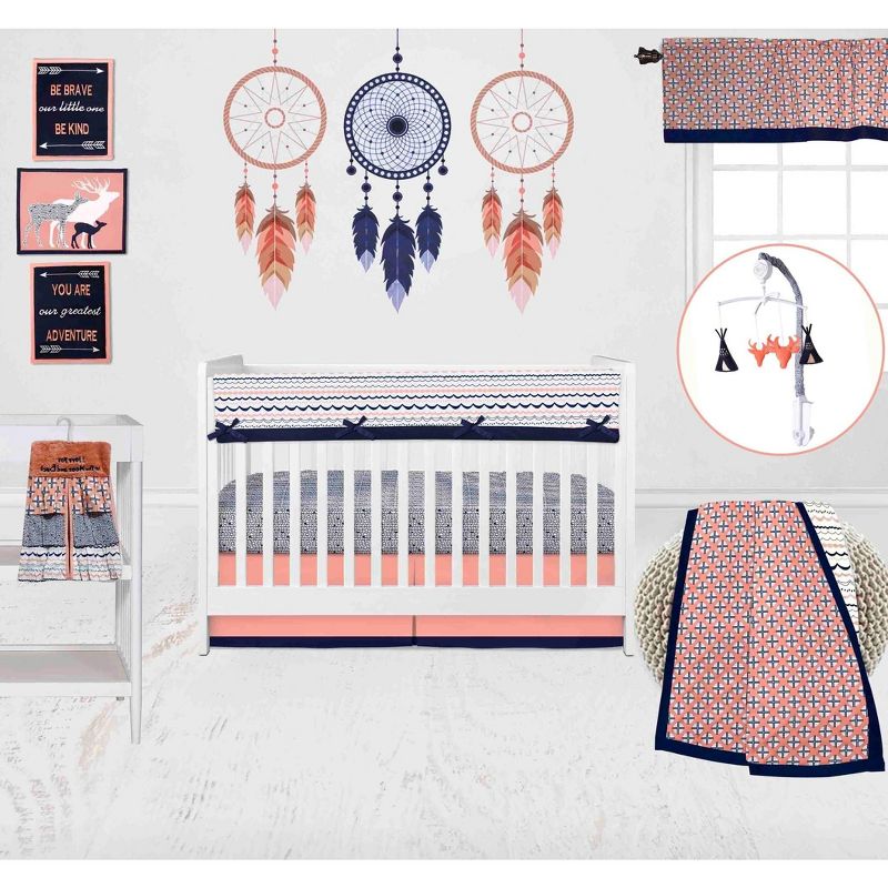 Bacati - Olivia Coral Navy 10 pc Crib Bedding Set with Long Rail Guard Cover, 5 of 13