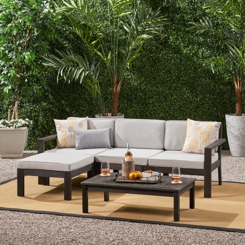 Santa ana outdoor 3 seater acacia wood sofa sectional with deals cushions by christopher knight home