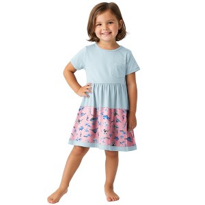 The Pink Picket Fence - Sparky Shark Twirl Dress in Pink or Blue - Available in sizes 12M to 8 Years - 1 of 4