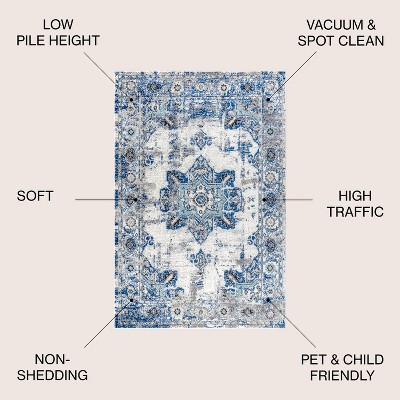 Ivory and Blue Persian Boho Vintage Medallion Area Rug