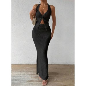 Mocamel 2pcs/Set Women's Sleeveless Halter Neck Top And Plain Skirt - 1 of 4