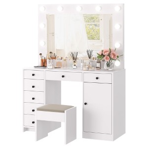 Vanity Desk with Mirror and Lights, 47" Makeup Vanity Table with Power Outlet, 3 Adjustable Lighting Modes, 7 Storage Drawers & 1 Door - 1 of 4