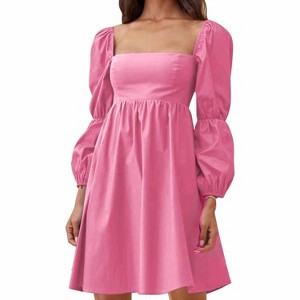 EXLURA Womens Square Neck Dress Long Puff Sleeve A-Line Casual Short Mini Dresses - 1 of 4