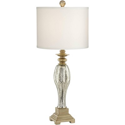 Regency Hill Traditional Table Lamp Mercury Glass and Light Gold Base White Drum Shade for Living Room Family Bedroom Bedside