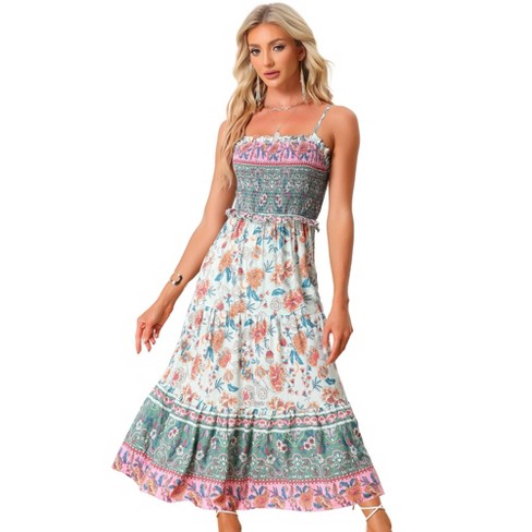 Allegra K Women's Summer Spaghetti Strap A-line Flowy Smocked Midi Boho ...