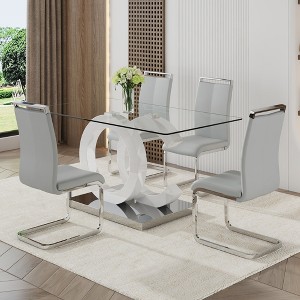 NicBex Dining Table Set for 4 Rectangular Transprant Tempered Glass Dining Table with 4 PU Chairs for Kitchen - 1 of 4