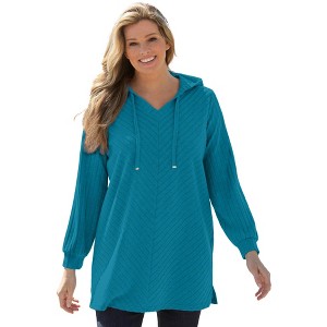 Woman Within Plus Size Rib-Knit High Pile Fleece Hoodie Sweatshirt - 1 of 4