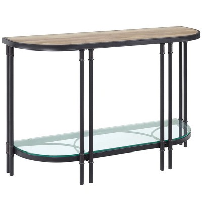 Oak Wood Grain & Sandy Black Metal Demilune Console Table with Glass Shelf