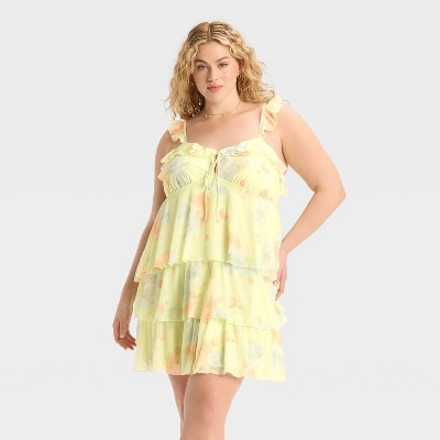 Women's Knit Chiffon Tiered Ruffle Sleeve Mini A-Line Dress - Wild Fable™ Yellow Floral 2X
