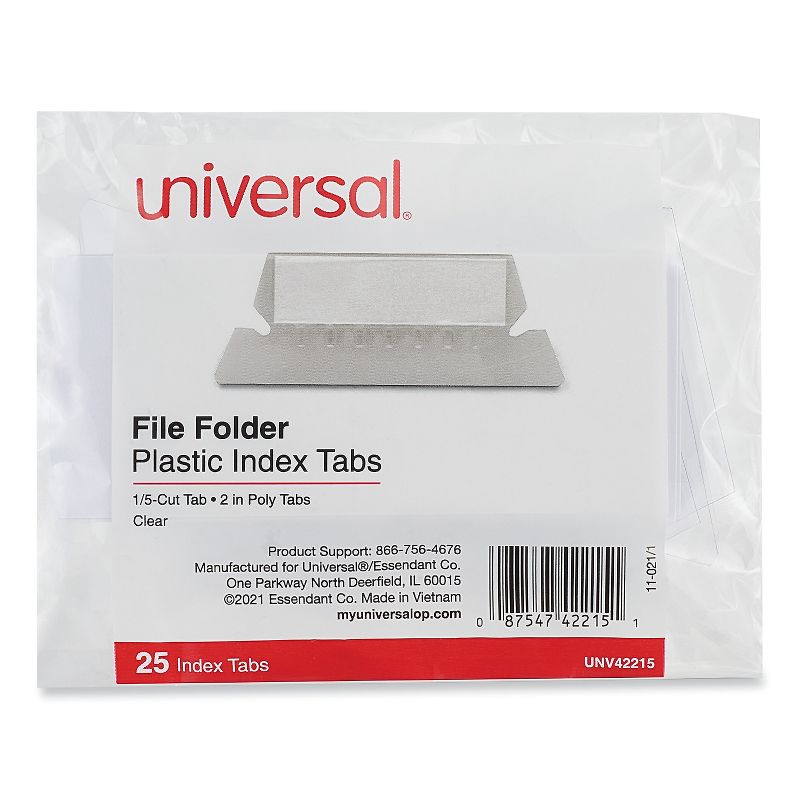 UNIVERSAL Hanging File Folder Plastic Index Tabs 1/5 Tab Cut 2 1/4" Tab Clear 25/Pack 42215, 2 of 5